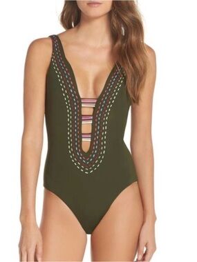 BECCA Virtue Olive Deep V One-Piece Swimsuit with Strappy Detail